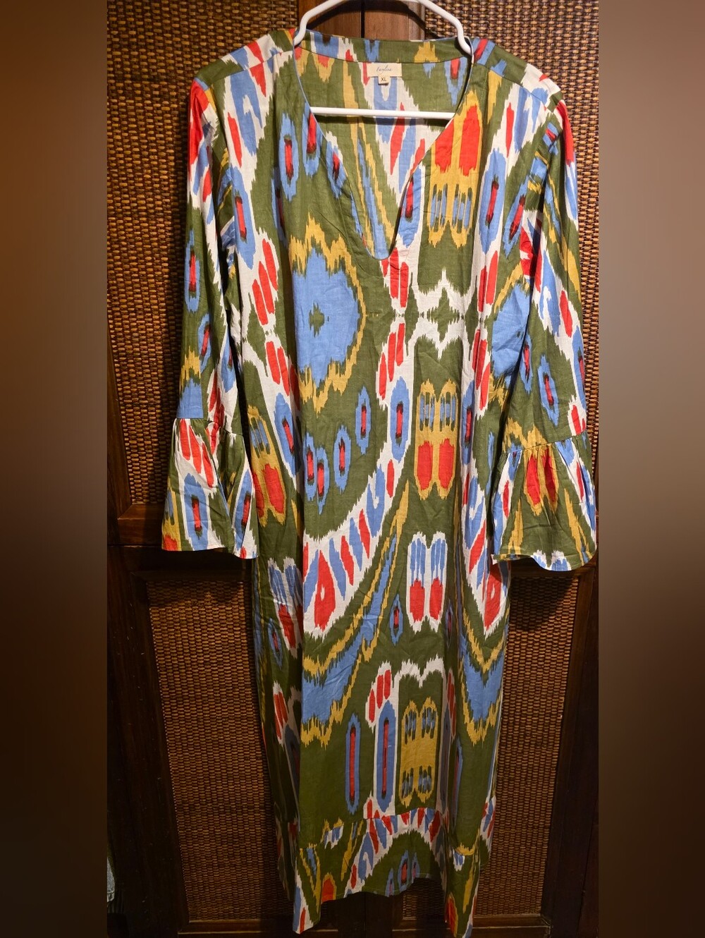 Farylina NWOT XL PTP 21 Colorful Ikat Print Midi Dress in Olive, Red & Blue